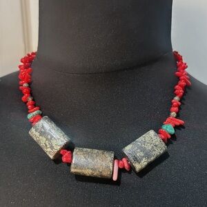 Handcrafted 925 Silver Red Coral and Green Stone Beaded Necklace